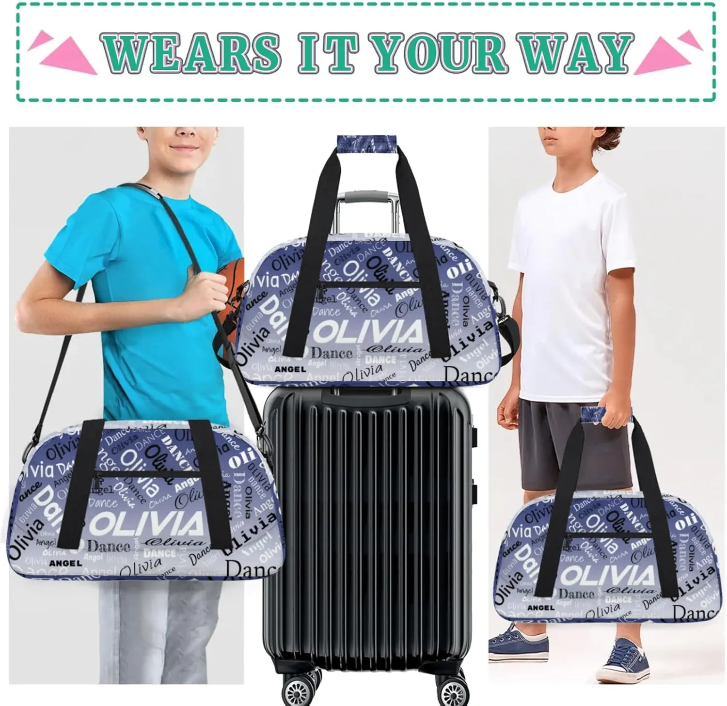 Personalized Name Sports Gym Duffel Bag, Custom Dance Bag Overnight Weekender Duffel Bags for Travel, Cobalt Blue Gradient