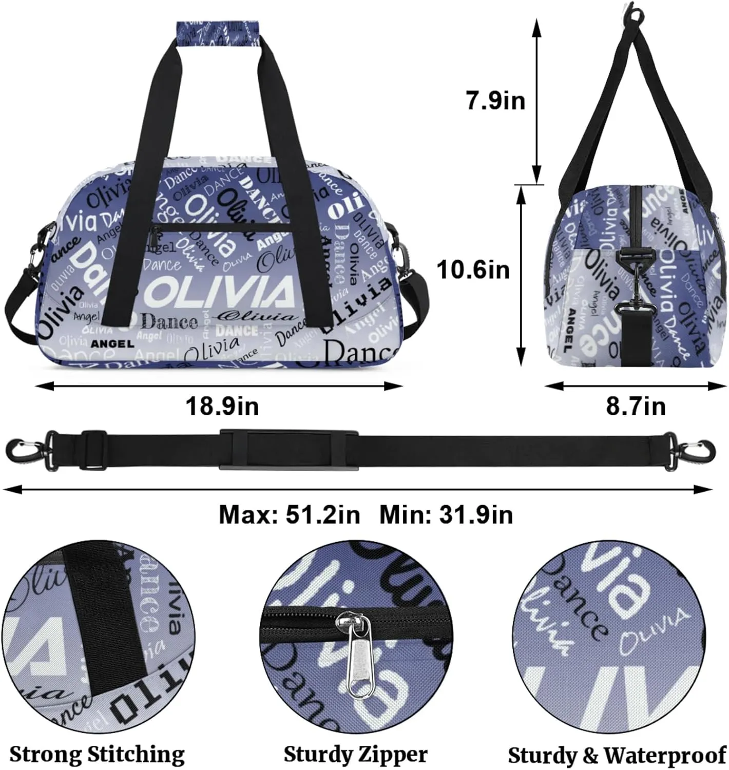 Personalized Name Sports Gym Duffel Bag, Custom Dance Bag Overnight Weekender Duffel Bags for Travel, Cobalt Blue Gradient