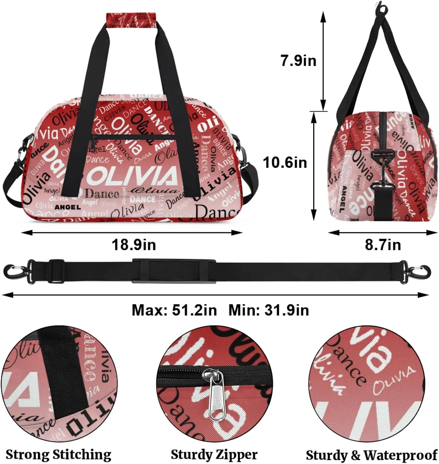 Personalized Name Sports Gym Duffel Bag, Custom Dance Bag Overnight Weekender Duffel Bags for Travel, Deep Red Gradient