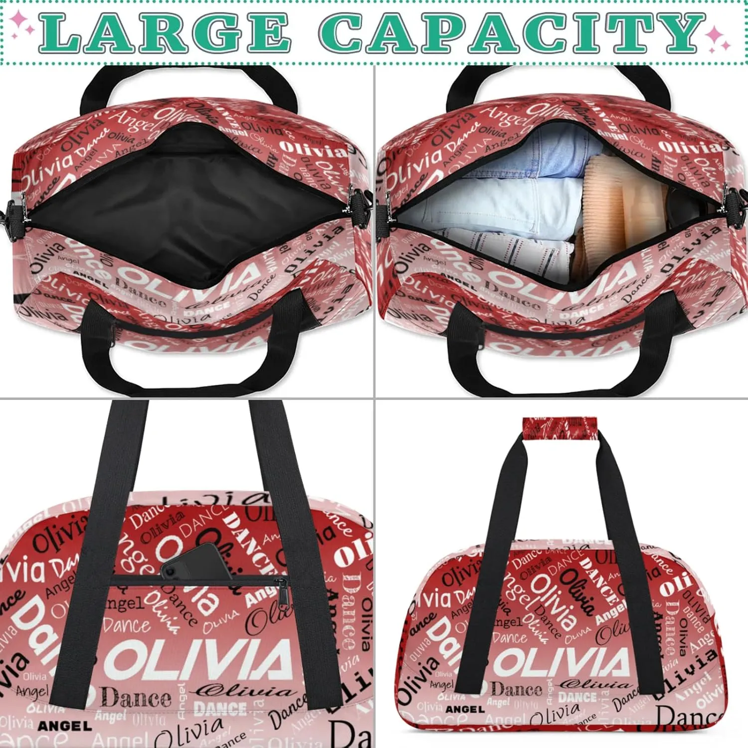 Personalized Name Sports Gym Duffel Bag, Custom Dance Bag Overnight Weekender Duffel Bags for Travel, Deep Red Gradient
