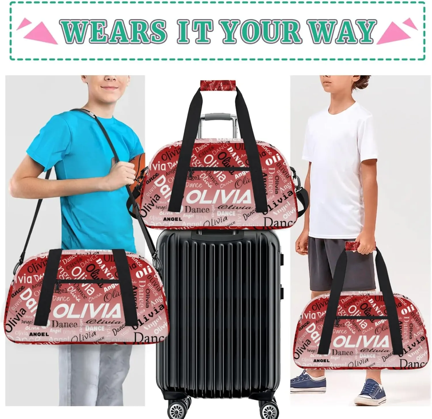 Personalized Name Sports Gym Duffel Bag, Custom Dance Bag Overnight Weekender Duffel Bags for Travel, Deep Red Gradient