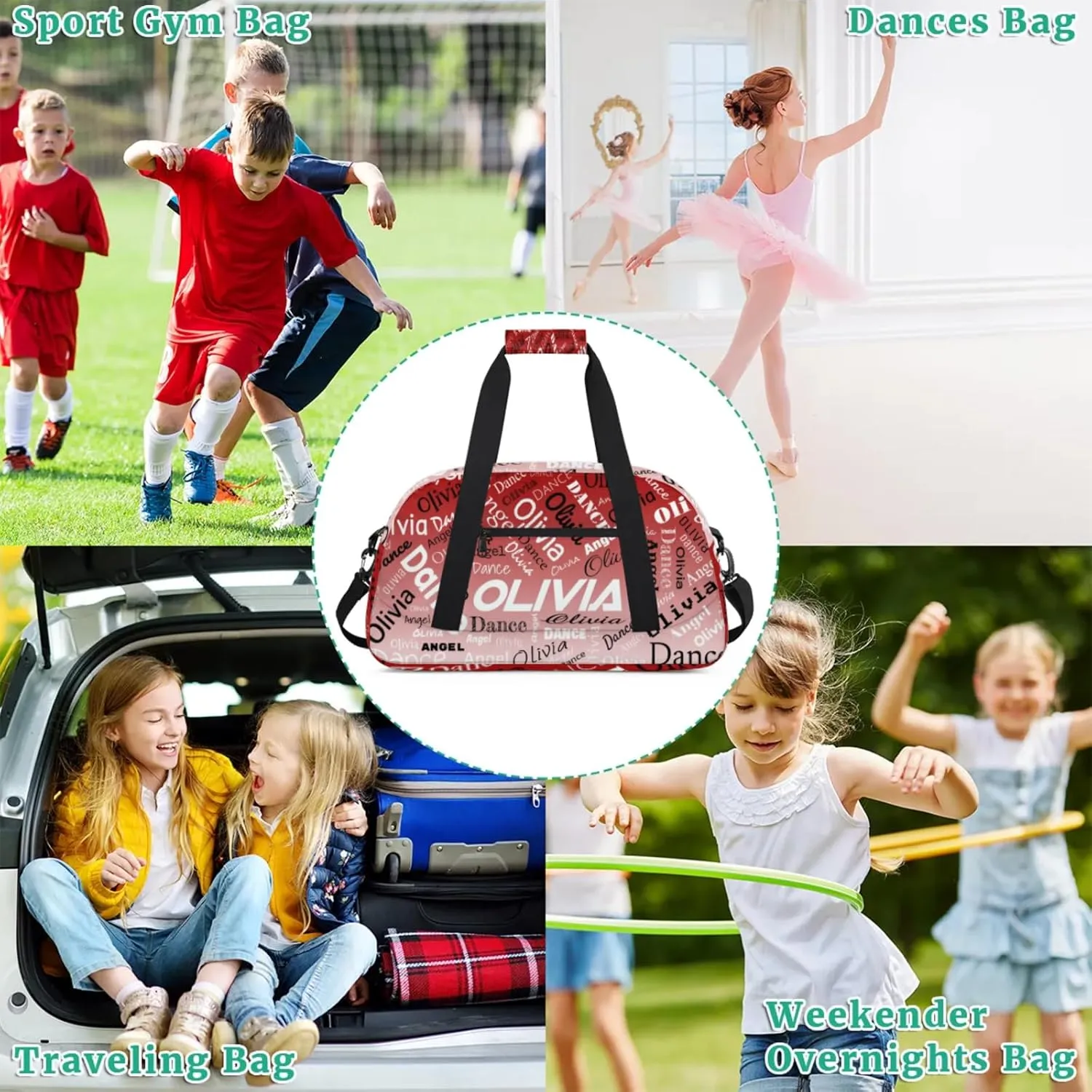 Personalized Name Sports Gym Duffel Bag, Custom Dance Bag Overnight Weekender Duffel Bags for Travel, Deep Red Gradient