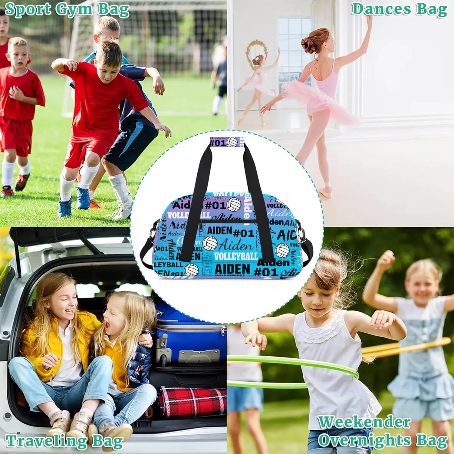 Personalized Name Volleyball Duffle Bags Custom Number Sport Ball Sports Gym Bag Weekender Overnight Training Bag, Gradient Blue Purple