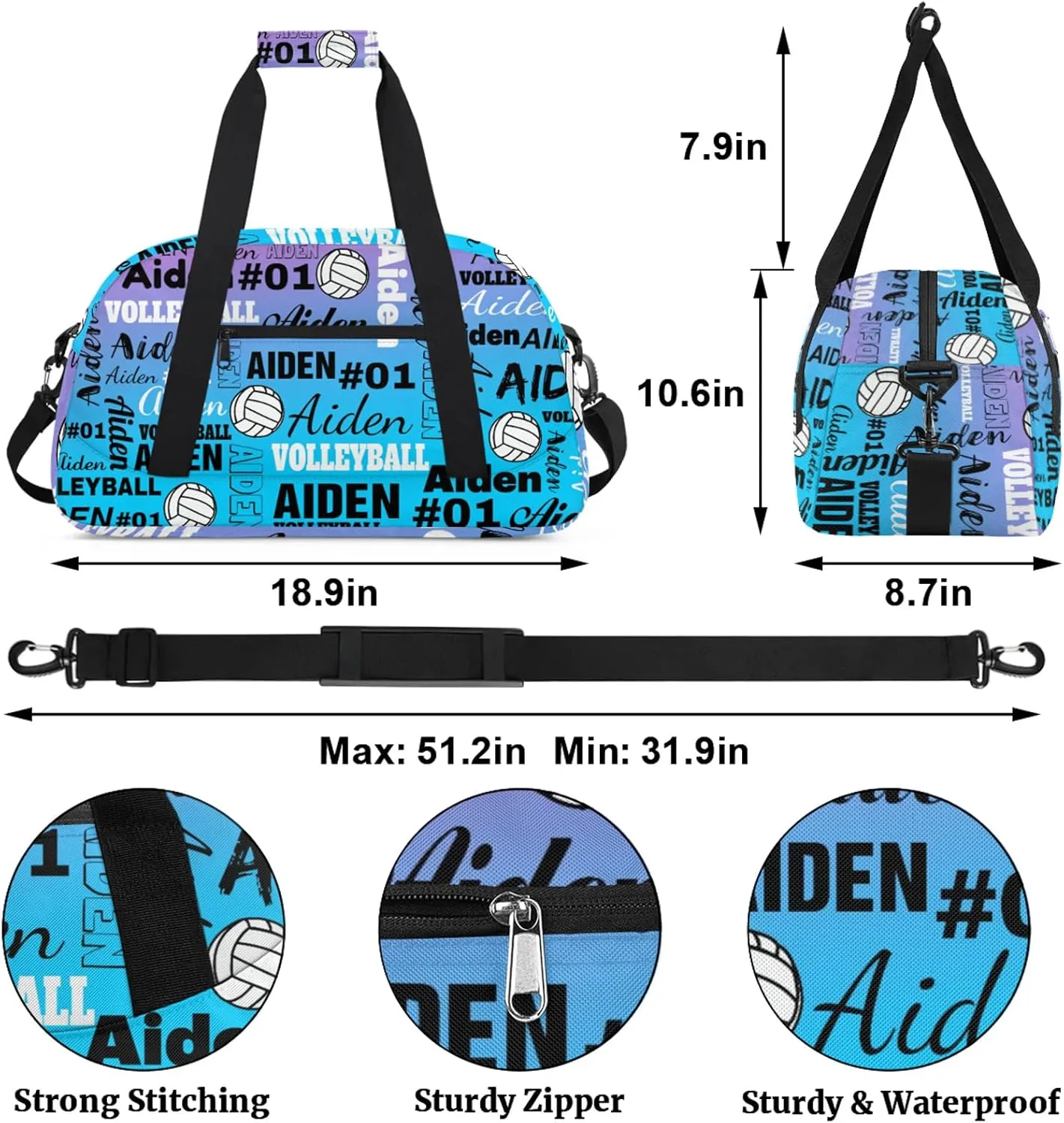Personalized Name Volleyball Duffle Bags Custom Number Sport Ball Sports Gym Bag Weekender Overnight Training Bag, Gradient Blue Purple