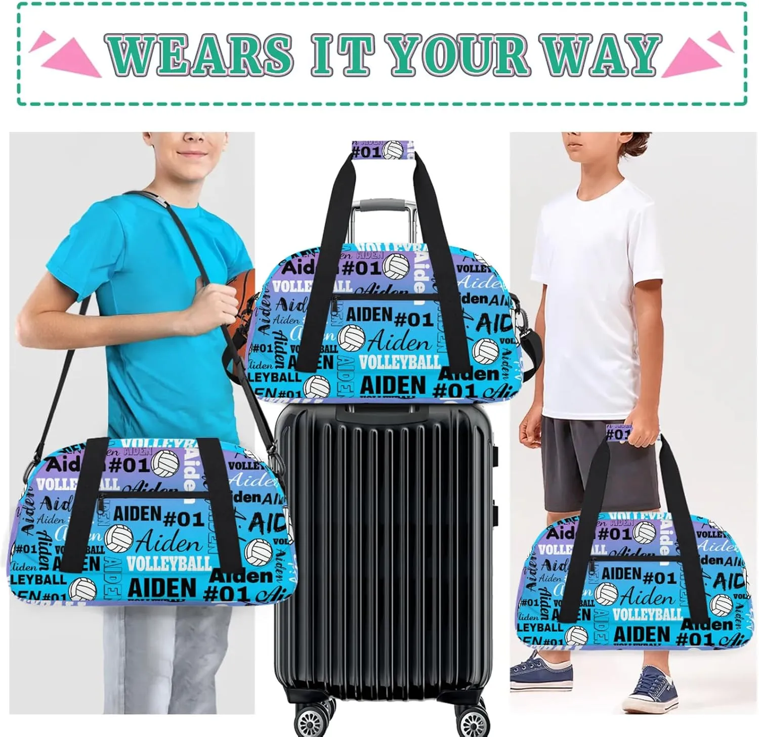 Personalized Name Volleyball Duffle Bags Custom Number Sport Ball Sports Gym Bag Weekender Overnight Training Bag, Gradient Blue Purple