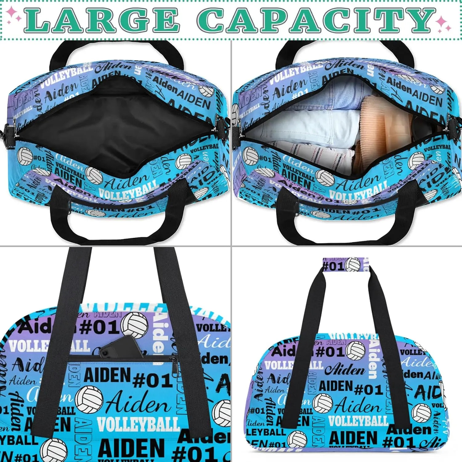 Personalized Name Volleyball Duffle Bags Custom Number Sport Ball Sports Gym Bag Weekender Overnight Training Bag, Gradient Blue Purple