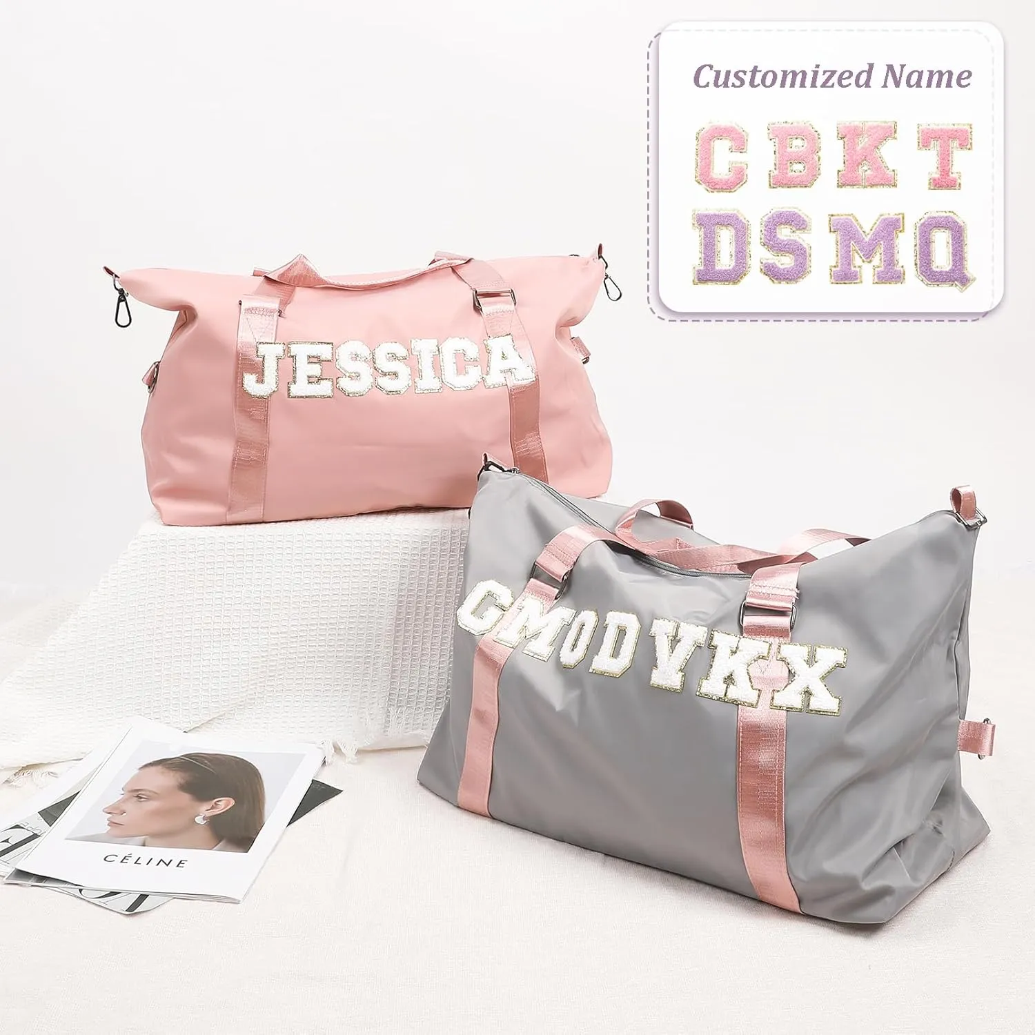 Personalized Sewing Chenille Letter Name Bags - Custom Large Capacity Travel Sport Duffel Gym Ballet, Cheerleader, Weekender Overnight Gift, Mom, Hospital Bag