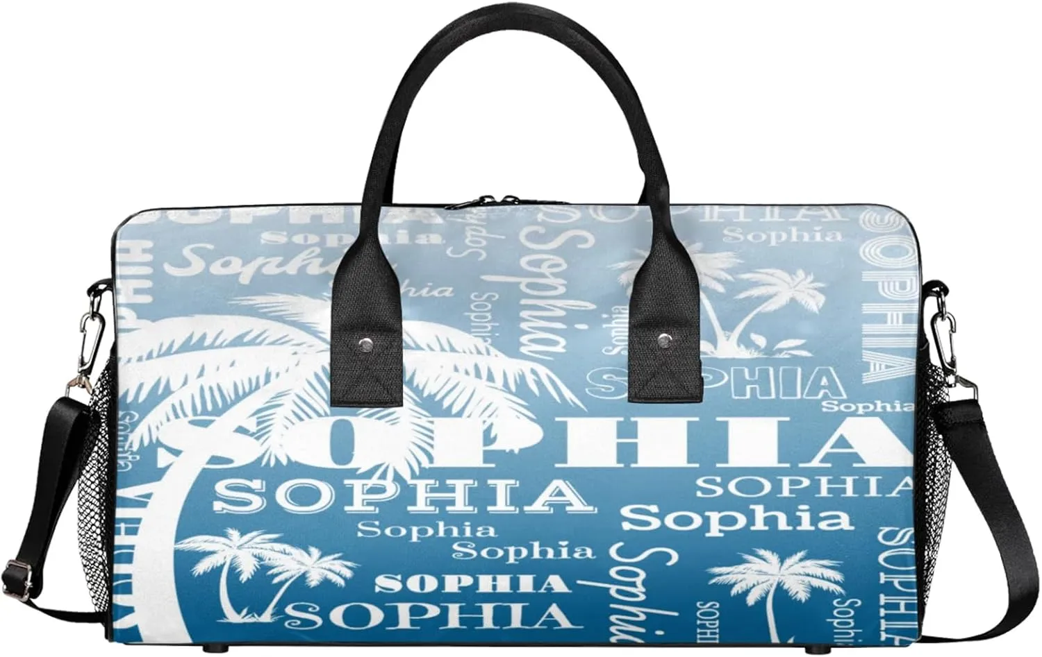 Personalized Sport Duffel Bag with Name, Coconut Tree Design Custom Overnight Bag Sleepover Bags for Dance Cheer Gymnastics, Blue Gradient