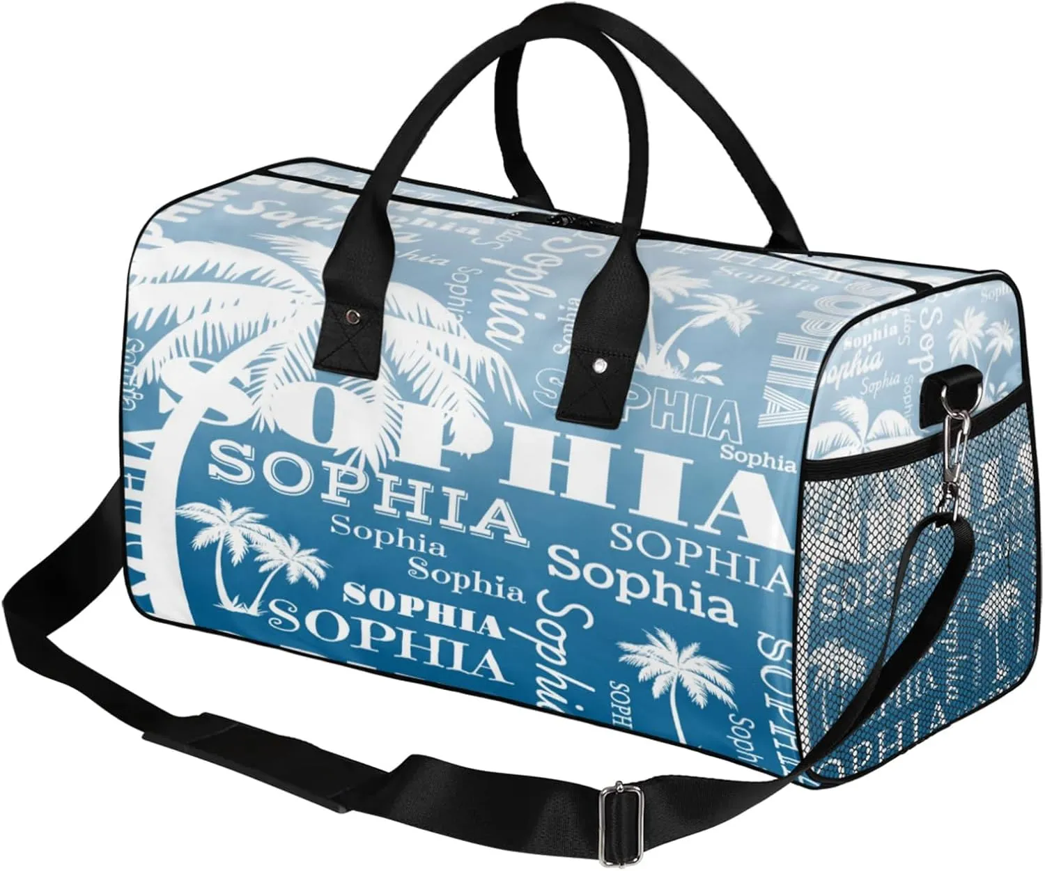 Personalized Sport Duffel Bag with Name, Coconut Tree Design Custom Overnight Bag Sleepover Bags for Dance Cheer Gymnastics, Blue Gradient