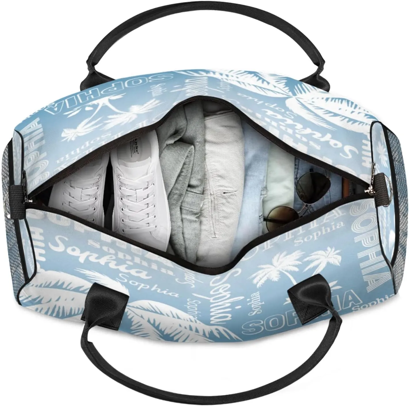 Personalized Sport Duffel Bag with Name, Coconut Tree Design Custom Overnight Bag Sleepover Bags for Dance Cheer Gymnastics, Blue Gradient