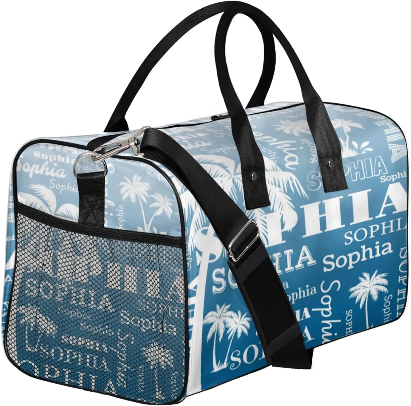 Personalized Sport Duffel Bag with Name, Coconut Tree Design Custom Overnight Bag Sleepover Bags for Dance Cheer Gymnastics, Blue Gradient
