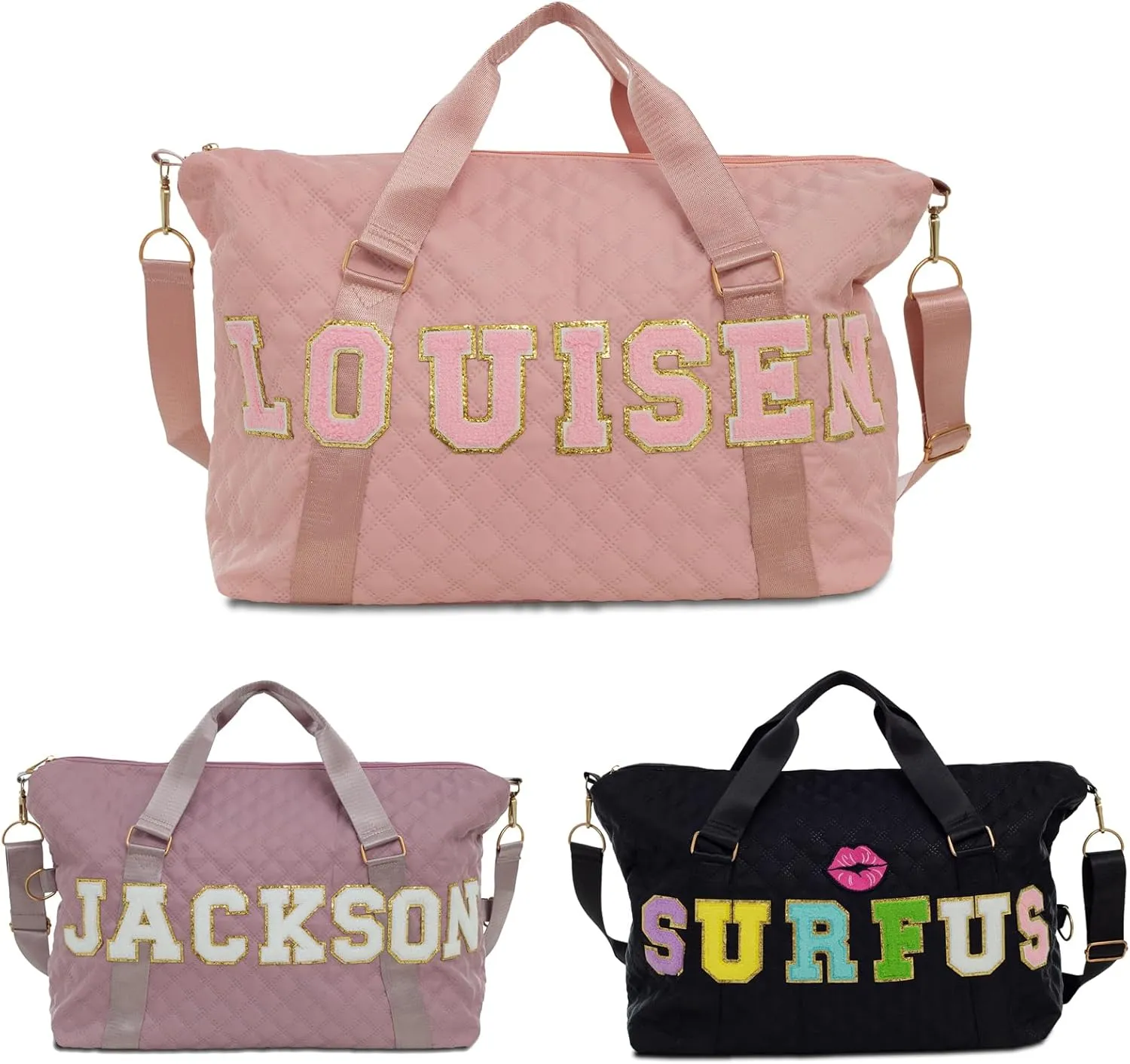 Personalized Sport Gym Bag for Girl with Chenille Letters,Custom Dance Duffel Bags, Sewn on Name Waterproof Travel Tote Bag,Overnight Weekender Bag