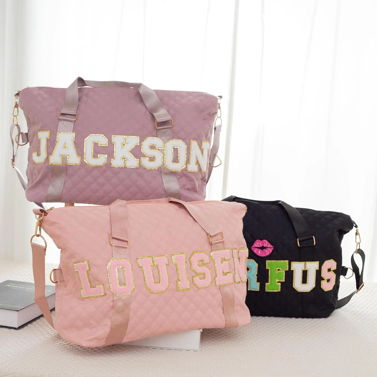 Personalized Sport Gym Bag for Girl with Chenille Letters,Custom Dance Duffel Bags, Sewn on Name Waterproof Travel Tote Bag,Overnight Weekender Bag