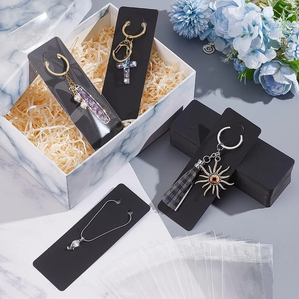 PH PandaHall 100 Sets Long Keychain Display Cards with Self-Sealing Bags, 5.9x2 Inch Black Paper Keyring Display Holder Keychain Cards Holder for Displaying Keyring Keychains Jewelry Packaging