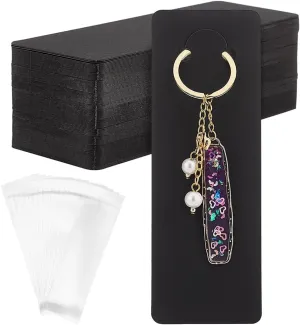 PH PandaHall 100 Sets Long Keychain Display Cards with Self-Sealing Bags, 5.9x2 Inch Black Paper Keyring Display Holder Keychain Cards Holder for Displaying Keyring Keychains Jewelry Packaging