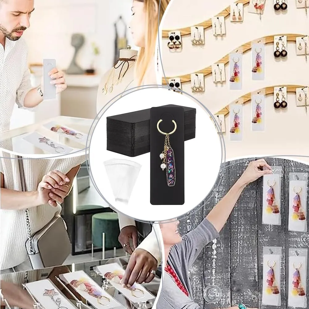 PH PandaHall 100 Sets Long Keychain Display Cards with Self-Sealing Bags, 5.9x2 Inch Black Paper Keyring Display Holder Keychain Cards Holder for Displaying Keyring Keychains Jewelry Packaging