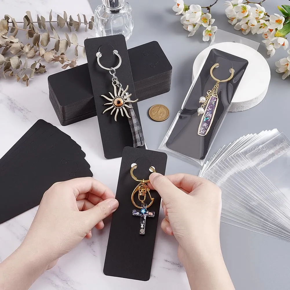 PH PandaHall 100 Sets Long Keychain Display Cards with Self-Sealing Bags, 5.9x2 Inch Black Paper Keyring Display Holder Keychain Cards Holder for Displaying Keyring Keychains Jewelry Packaging