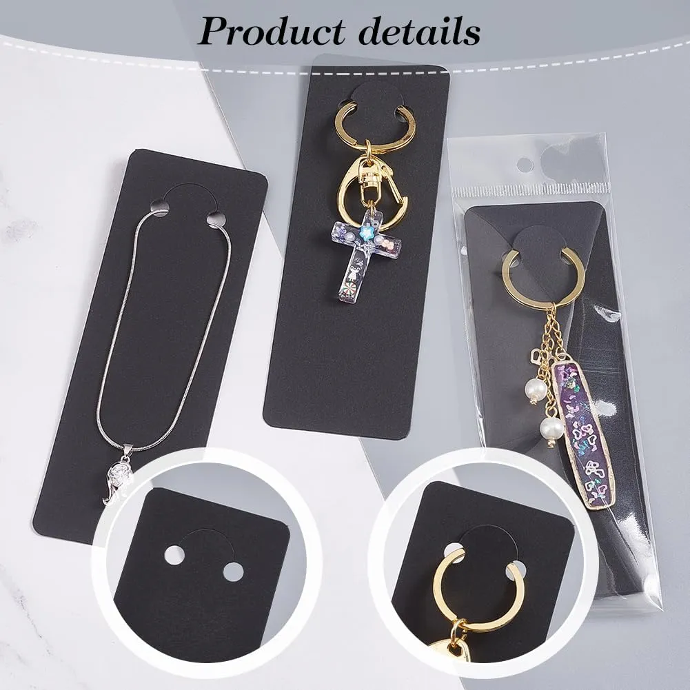 PH PandaHall 100 Sets Long Keychain Display Cards with Self-Sealing Bags, 5.9x2 Inch Black Paper Keyring Display Holder Keychain Cards Holder for Displaying Keyring Keychains Jewelry Packaging
