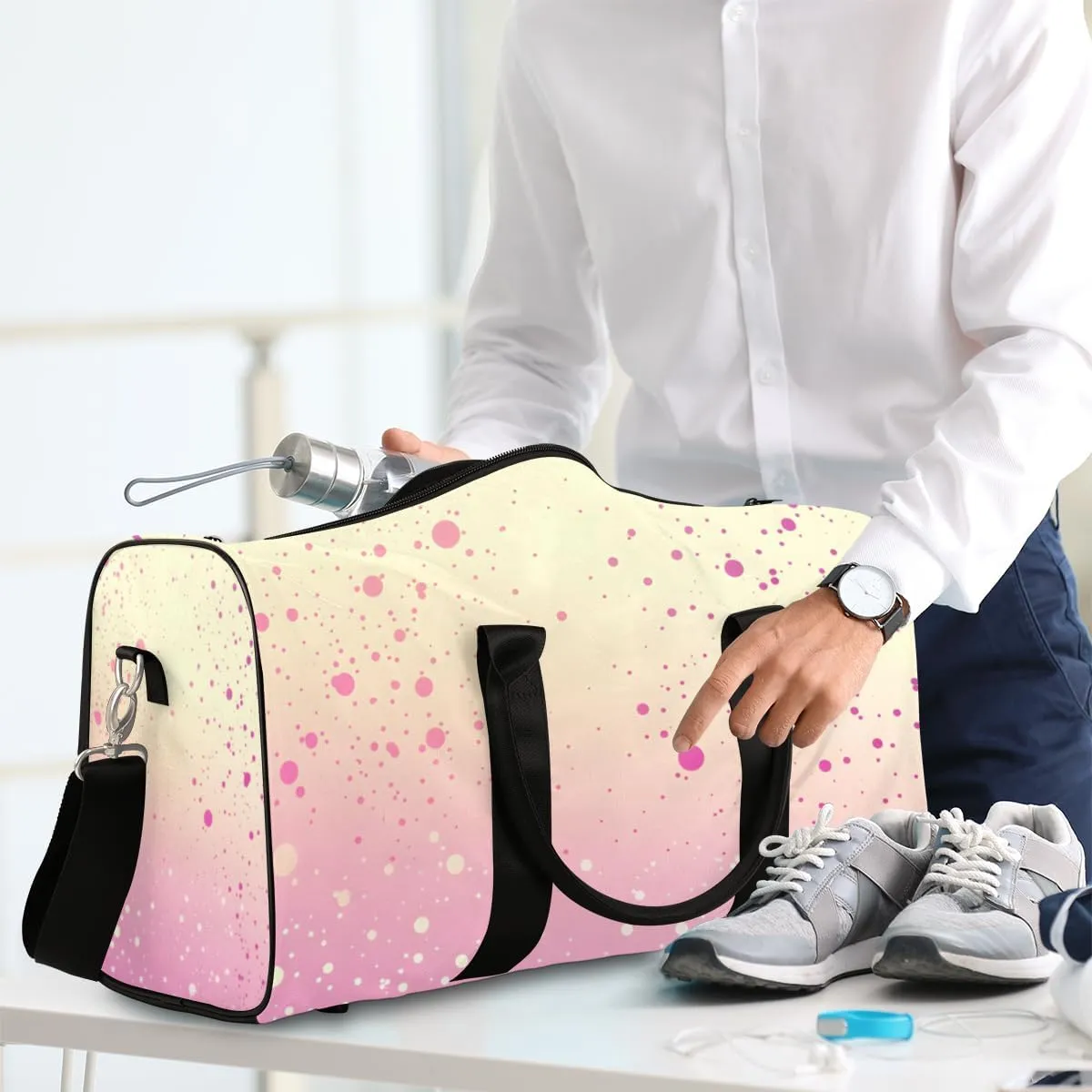 Pink Gradient Travel Duffle Bag for Women Men Gym Duffel Foldable Bag Waterproof Weekender Polka Dots Duffle Tote