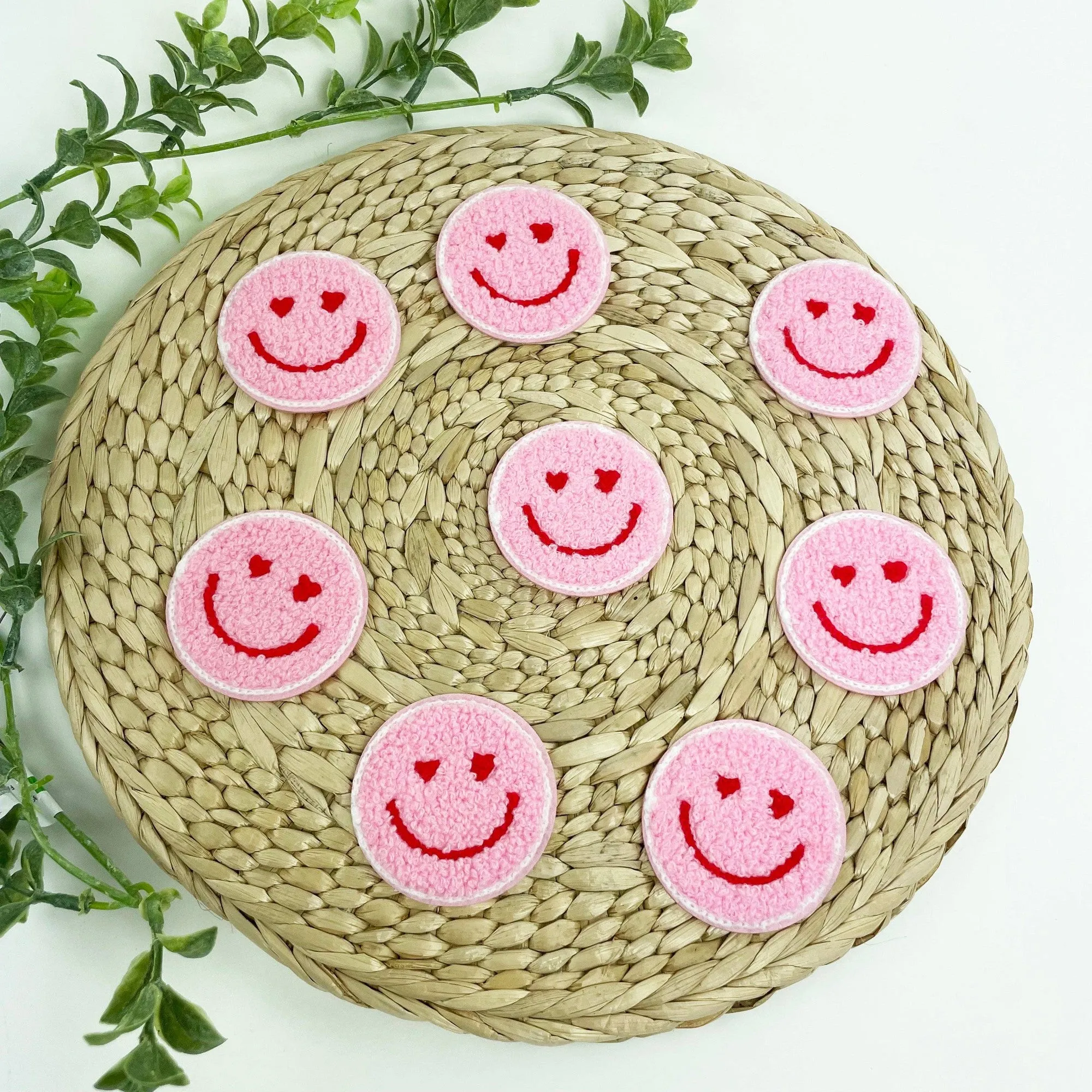Pink Heart Eyes Smile Chenille Embroidered Iron-On Patches for Hats | Heat-seal Patches Accessories