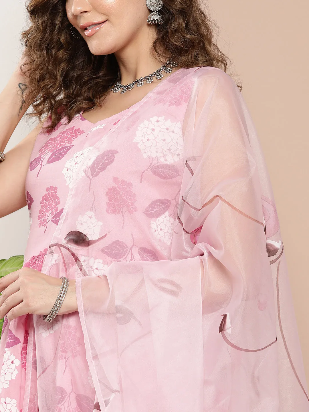 Pink Printed Chintz Tiered Sharara Set With Dupatta