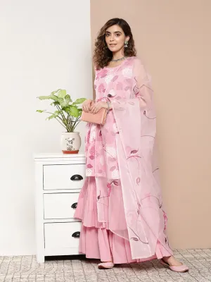 Pink Printed Chintz Tiered Sharara Set With Dupatta
