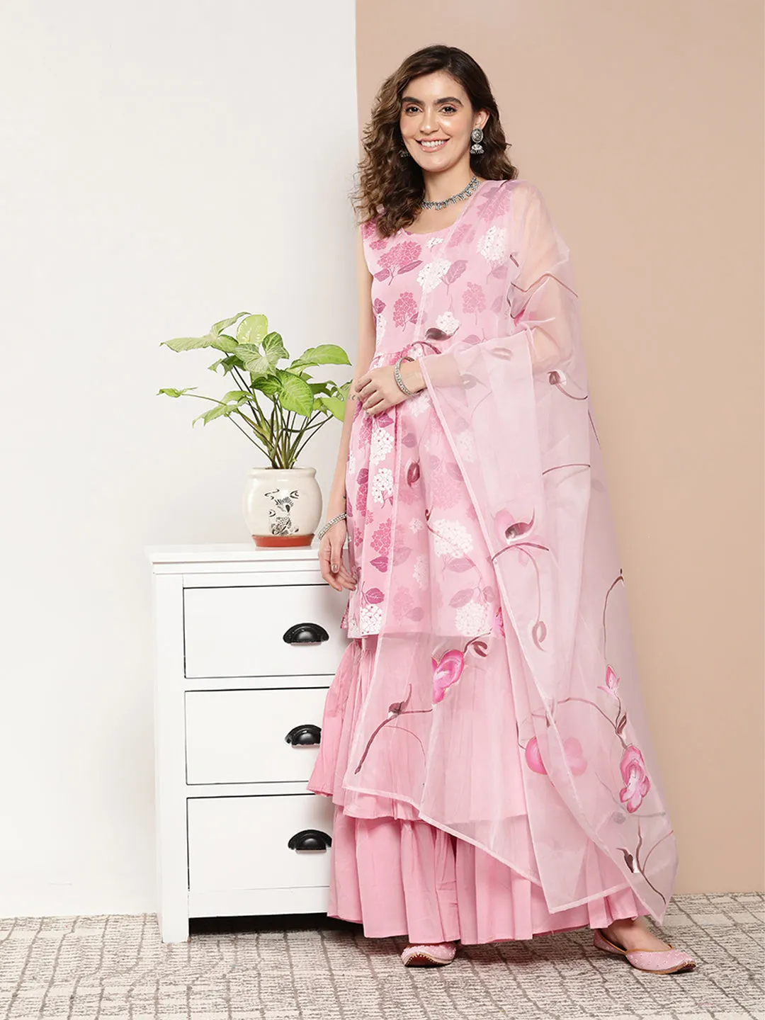 Pink Printed Chintz Tiered Sharara Set With Dupatta