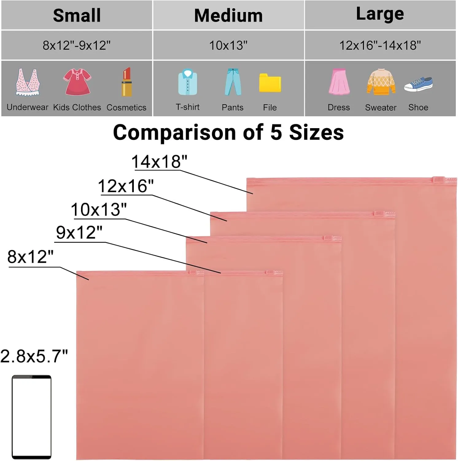 Pink T Shirt Bags, 10x13 inch, Pack of 50, Frosted Zipper Bags for Clothes, Swimsuit, Bathing Suit, Pants, File, Waterproof for Small Business Packaging, Shipping, Mailing, Selling, Travel