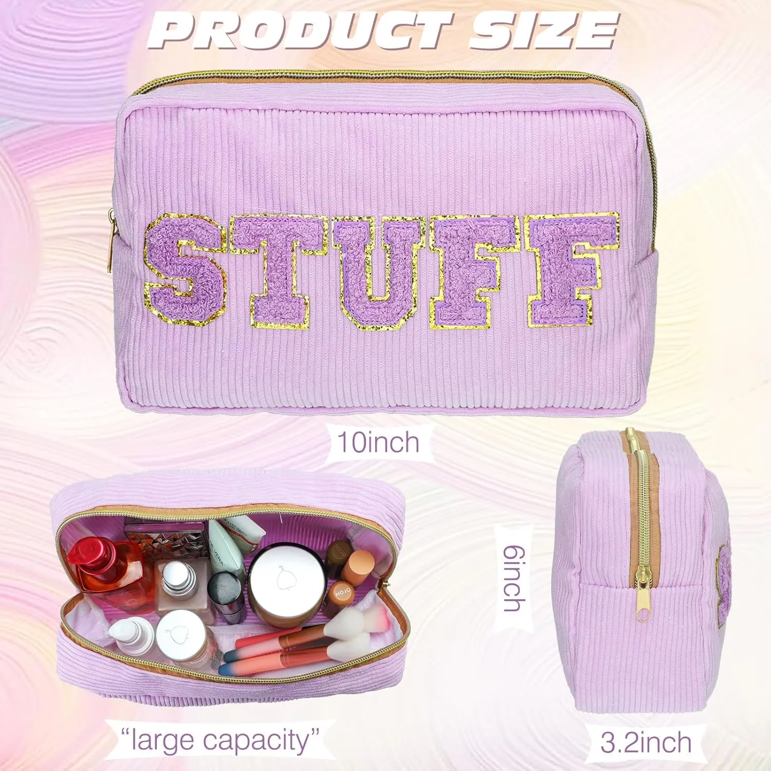 Pinkunn 4 Pcs Preppy Makeup Bags Chenille Letter Travel Organizer Face Skin Hair Stuff Corduroy Cosmetic Hygiene Toiletry Pouch with Zipper Wedding Birthday Gifts for Women(Purple, Pink, White, Green)