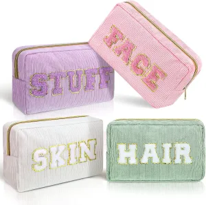 Pinkunn 4 Pcs Preppy Makeup Bags Chenille Letter Travel Organizer Face Skin Hair Stuff Corduroy Cosmetic Hygiene Toiletry Pouch with Zipper Wedding Birthday Gifts for Women(Purple, Pink, White, Green)