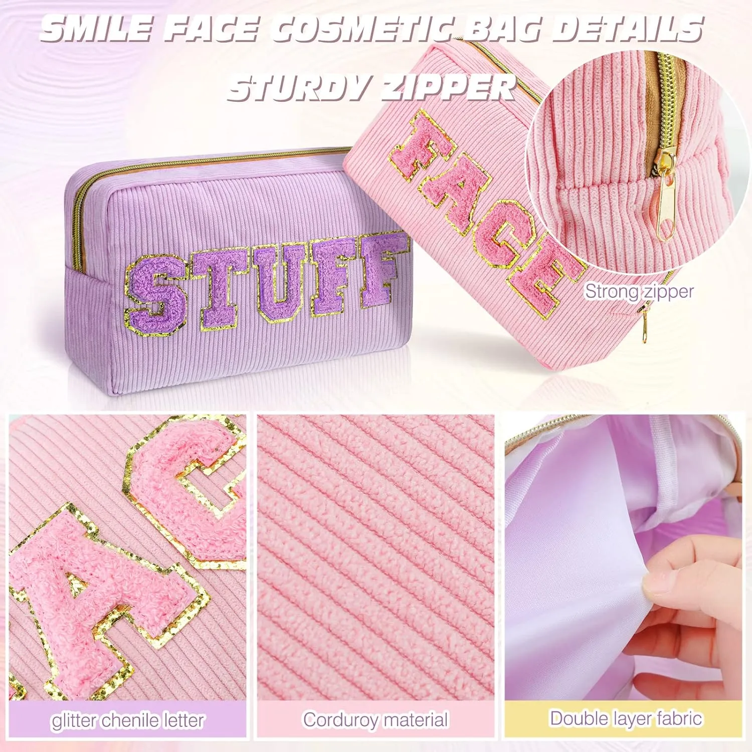 Pinkunn 4 Pcs Preppy Makeup Bags Chenille Letter Travel Organizer Face Skin Hair Stuff Corduroy Cosmetic Hygiene Toiletry Pouch with Zipper Wedding Birthday Gifts for Women(Purple, Pink, White, Green)
