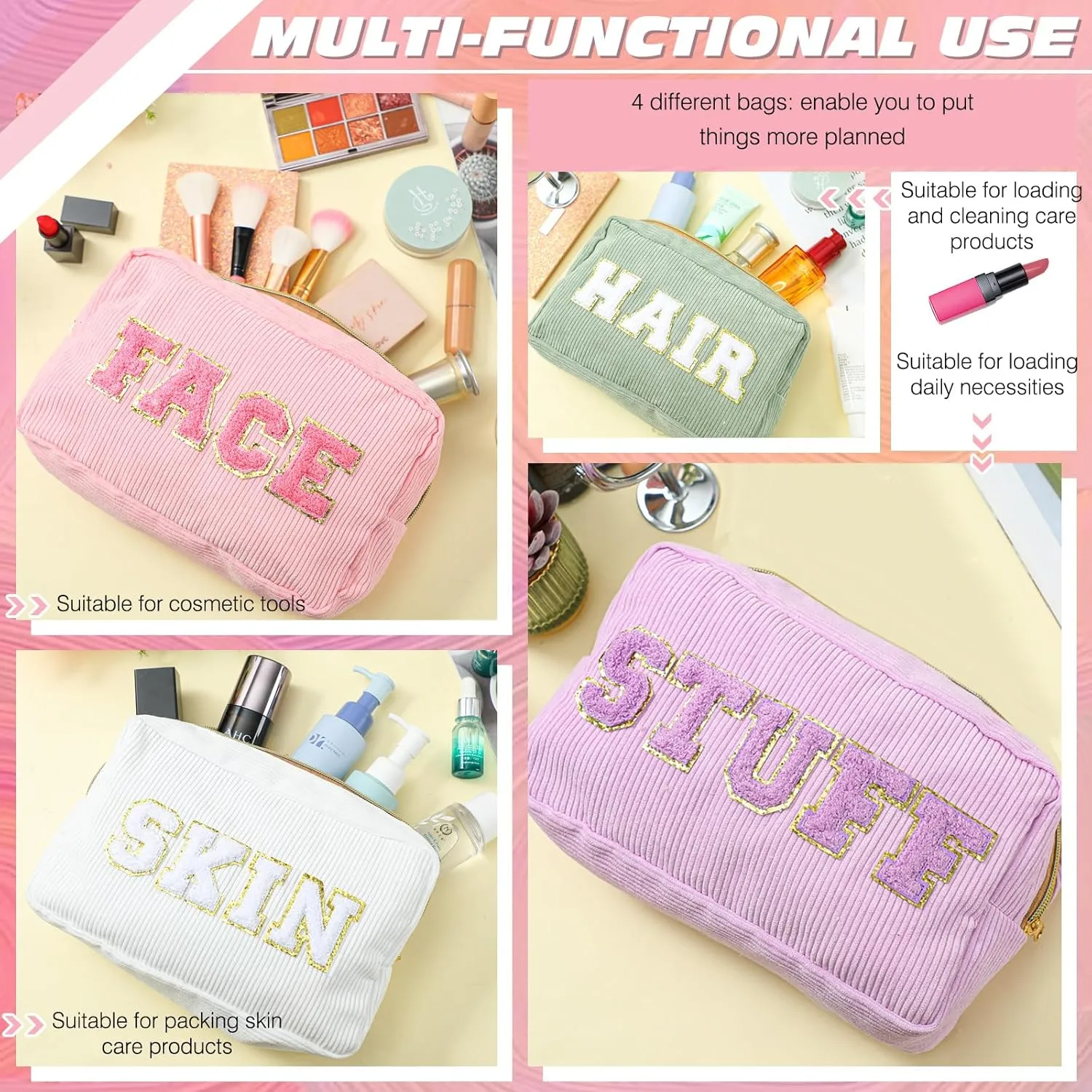 Pinkunn 4 Pcs Preppy Makeup Bags Chenille Letter Travel Organizer Face Skin Hair Stuff Corduroy Cosmetic Hygiene Toiletry Pouch with Zipper Wedding Birthday Gifts for Women(Purple, Pink, White, Green)