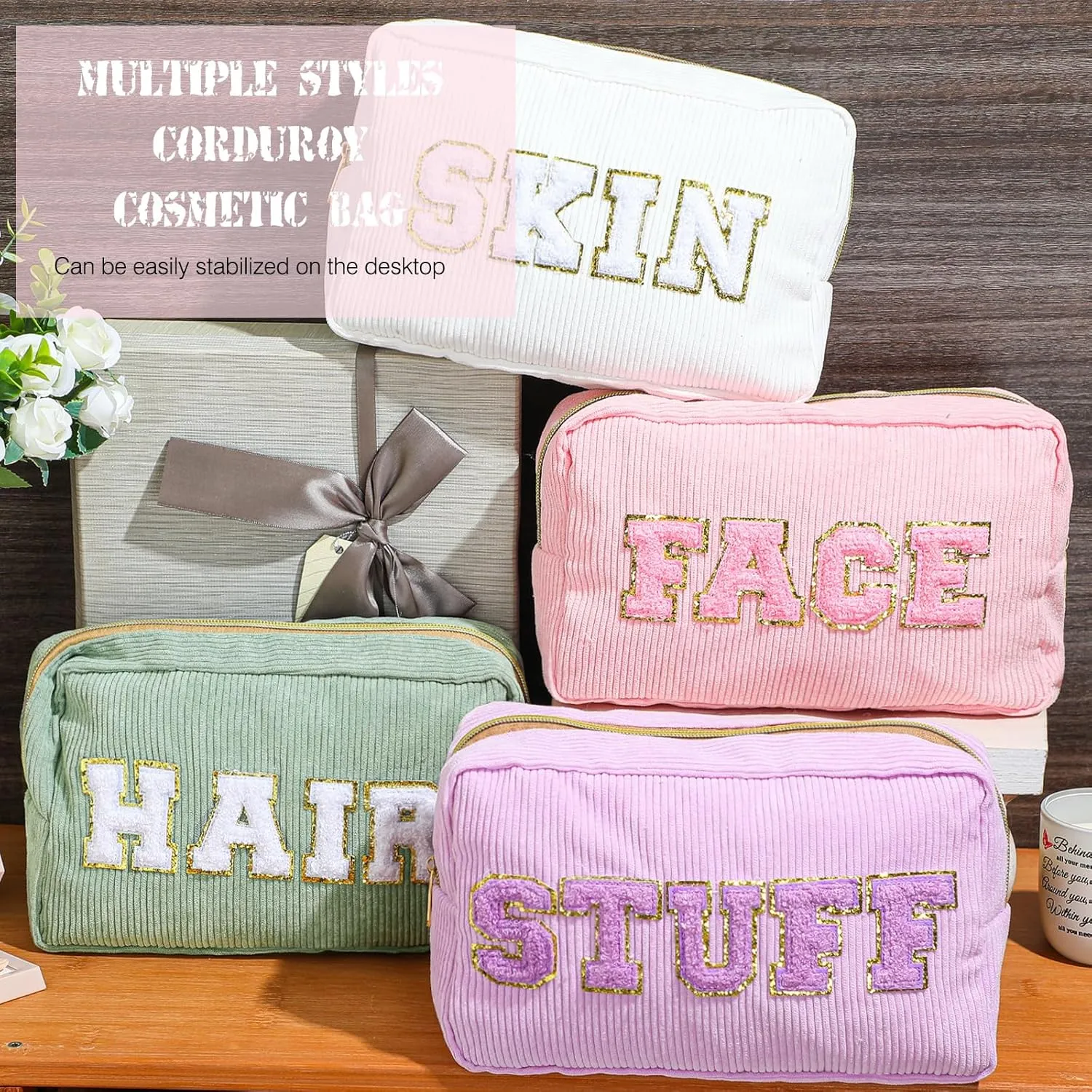 Pinkunn 4 Pcs Preppy Makeup Bags Chenille Letter Travel Organizer Face Skin Hair Stuff Corduroy Cosmetic Hygiene Toiletry Pouch with Zipper Wedding Birthday Gifts for Women(Purple, Pink, White, Green)