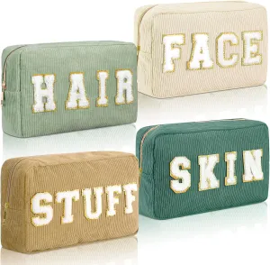 Pinkunn 4 Pcs Preppy Makeup Bags Chenille Letter Travel Organizer Face Skin Hair Stuff Corduroy Cosmetic Hygiene Toiletry Pouch with Zipper Wedding Birthday Gifts for Women(Sage Green Series Color)