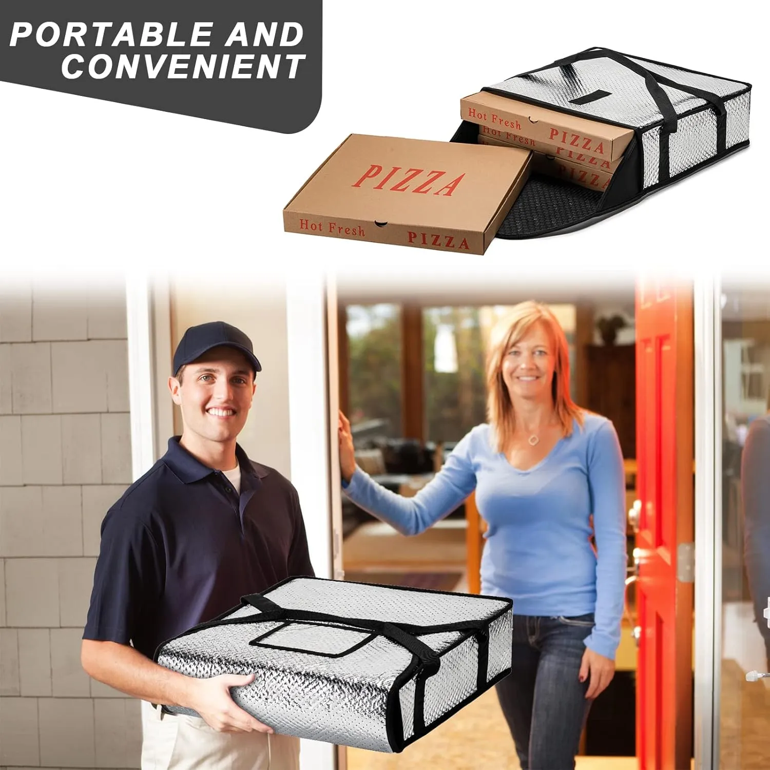 Pizza Bags for Delivery 18" X 18" X 9" - Moisture-Free, Professional Thermal Pizza Warmer, Heavy-Duty Food Carrier, Suitable for Restaurants,Picnic Uber Eats & Door Dash（Silver）