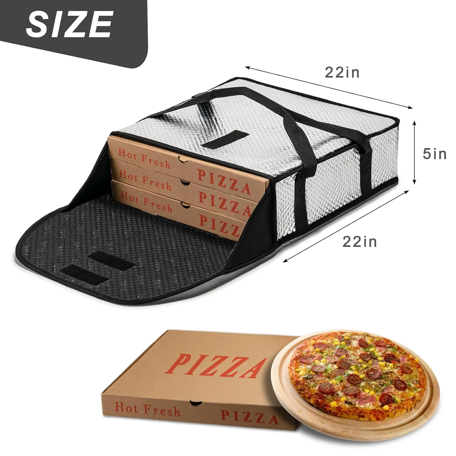 Pizza Bags for Delivery 18" X 18" X 9" - Moisture-Free, Professional Thermal Pizza Warmer, Heavy-Duty Food Carrier, Suitable for Restaurants,Picnic Uber Eats & Door Dash（Silver）