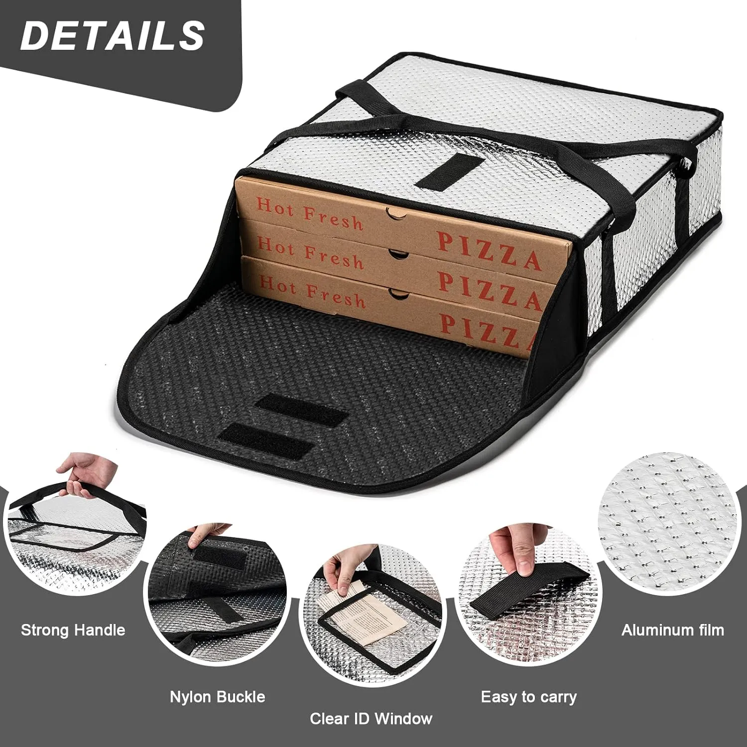 Pizza Bags for Delivery 18" X 18" X 9" - Moisture-Free, Professional Thermal Pizza Warmer, Heavy-Duty Food Carrier, Suitable for Restaurants,Picnic Uber Eats & Door Dash（Silver）