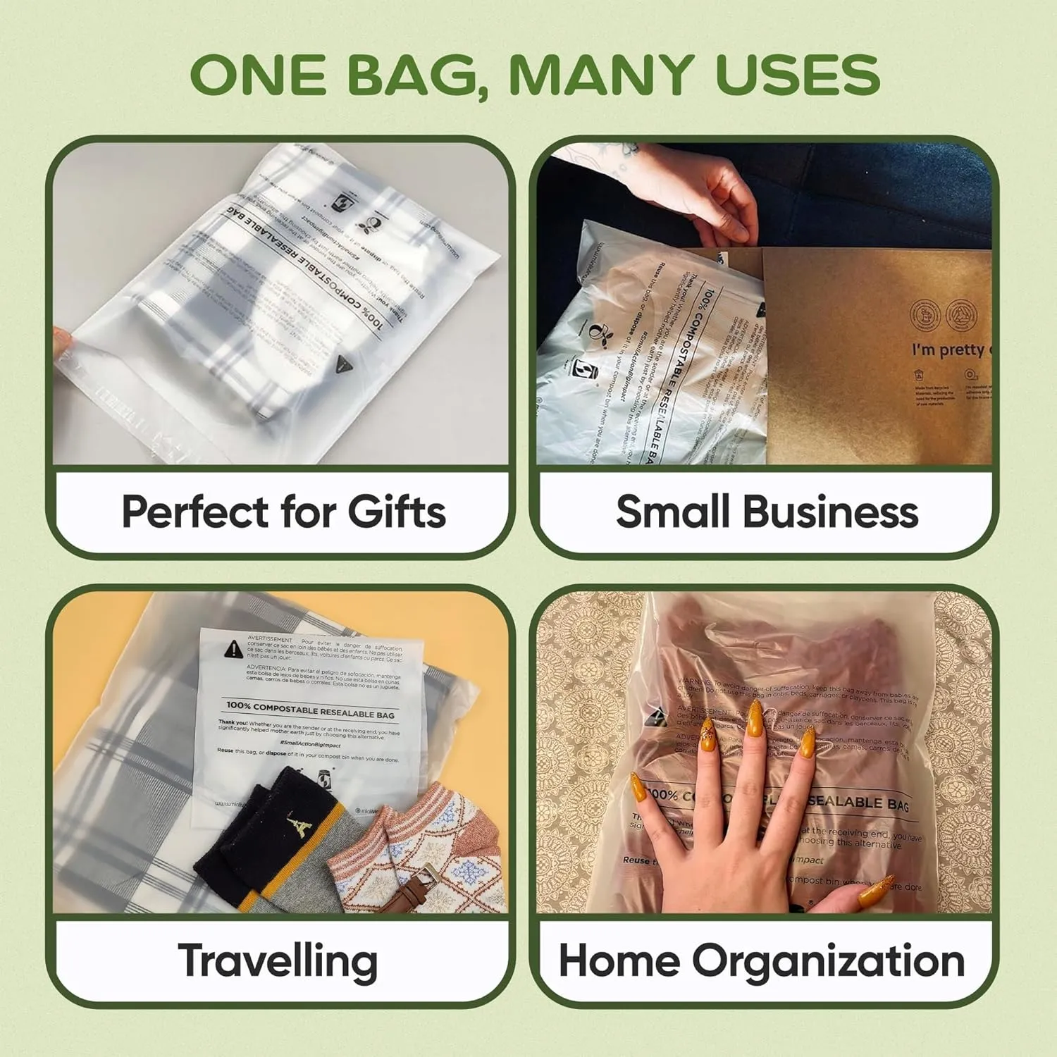 Plant-Based Cello Bags, 85 Count Compostable Storage Bags, Self-Sealing Translucent Frosted Bag for Clothes Snacks Cosmetics, Biodegradable Packaging with Resealable Closure, Medium