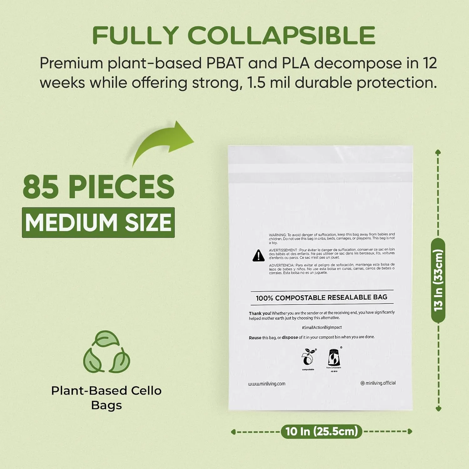 Plant-Based Cello Bags, 85 Count Compostable Storage Bags, Self-Sealing Translucent Frosted Bag for Clothes Snacks Cosmetics, Biodegradable Packaging with Resealable Closure, Medium