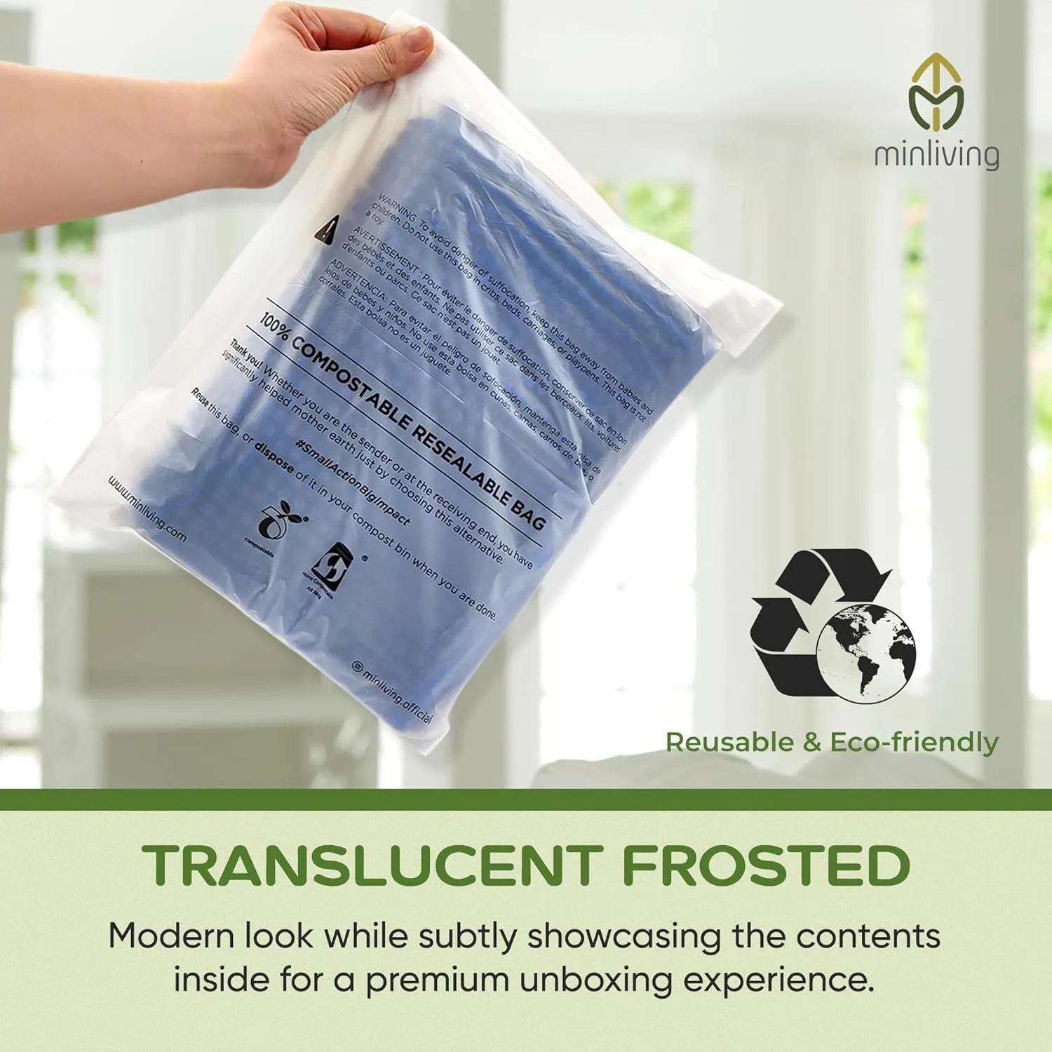 Plant-Based Cello Bags, 85 Count Compostable Storage Bags, Self-Sealing Translucent Frosted Bag for Clothes Snacks Cosmetics, Biodegradable Packaging with Resealable Closure, Medium