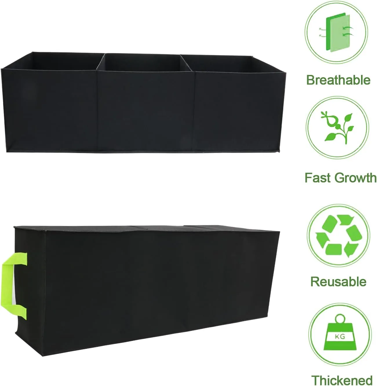 Plant Grow Bags, 2 Pack Fabric Raised Planting Bads, 3 Holes Rectangle Grow Bag, 15 Gallon Breathable Potato Tomato Planter Pots for Outdoor Vegetables Plant Flowers(Black)