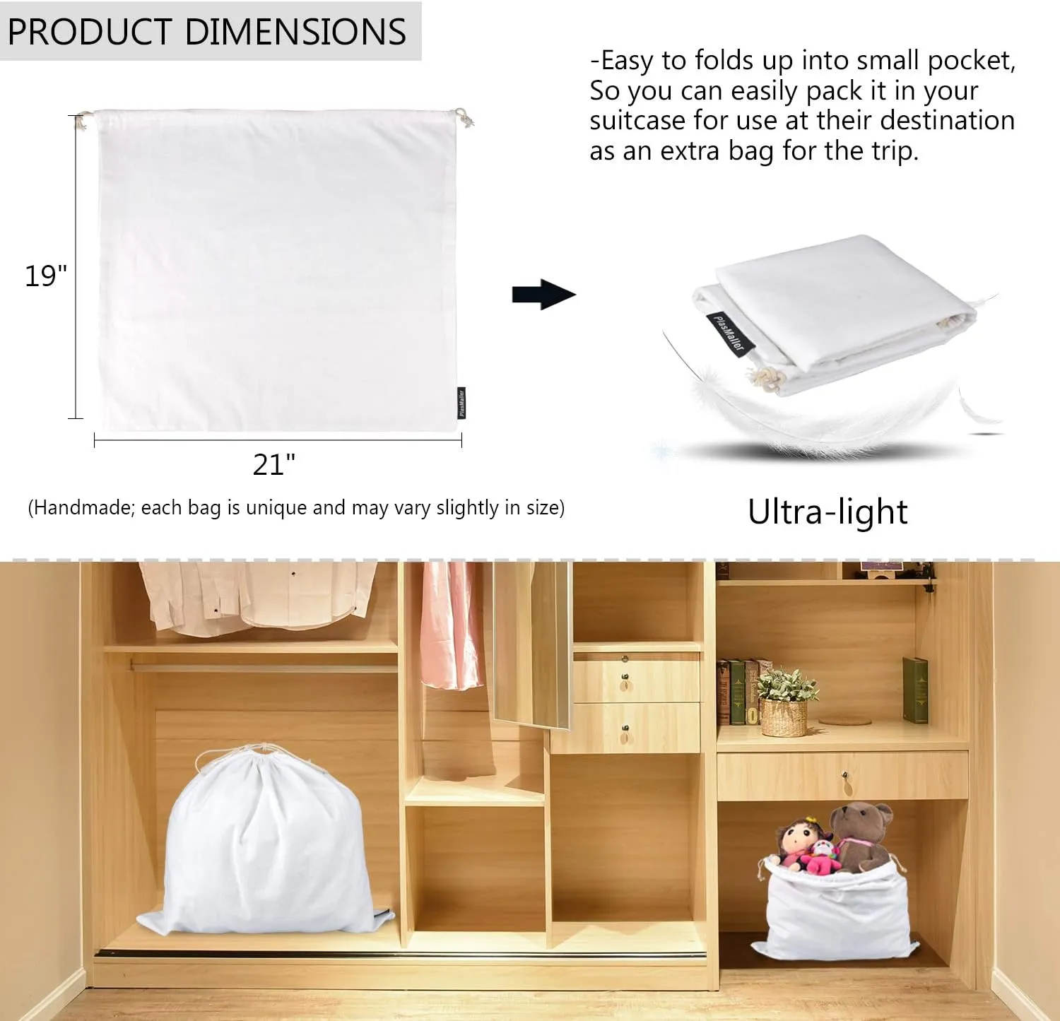 PlasMaller Dust Cover Storage Bags Purified 100% Cotton Flannel with Drawstring Pouch For Handbags Purses Pocketbooks Shoes Boots Set of 3 (White Grey Pink)
