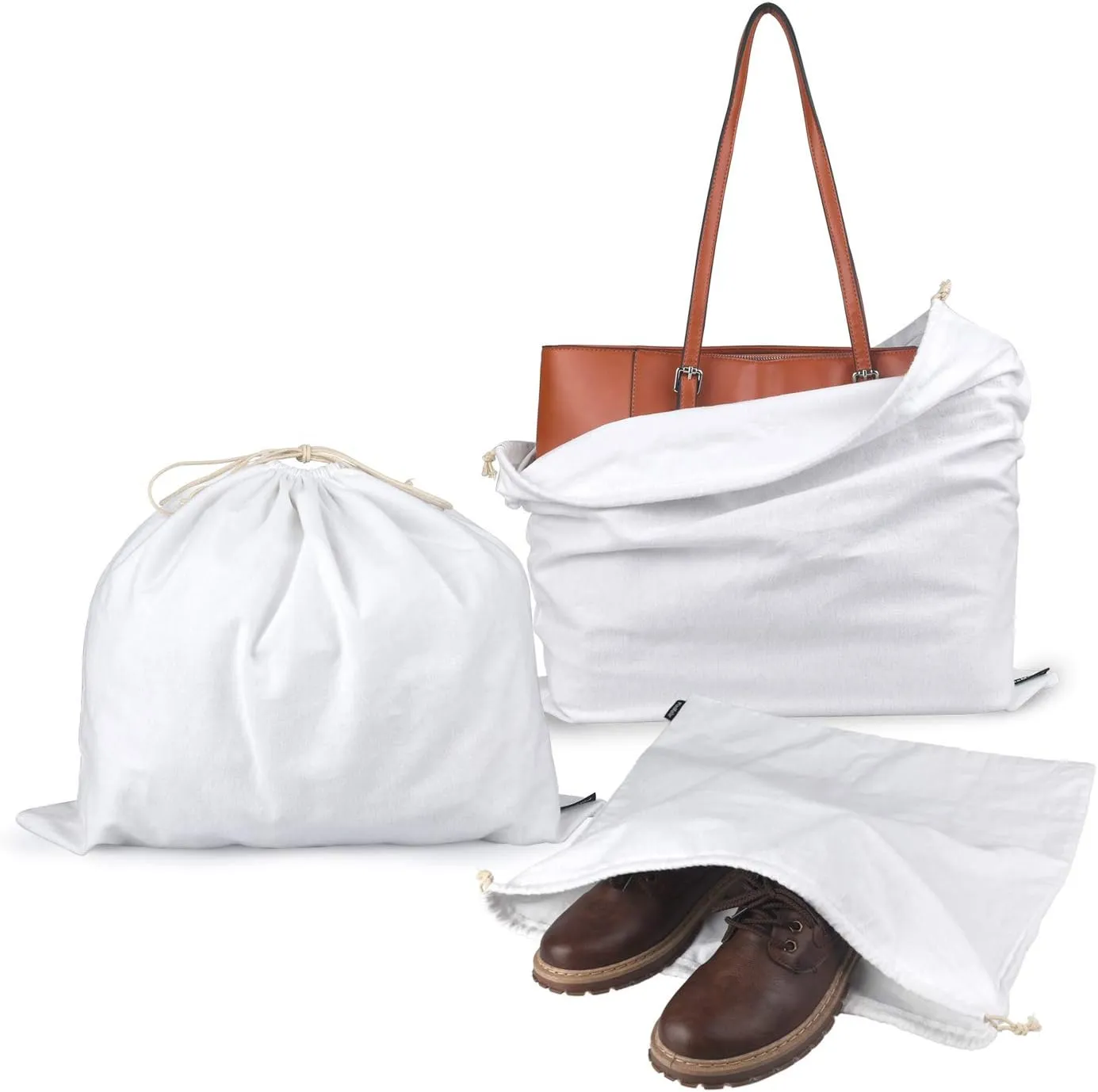 PlasMaller Dust Cover Storage Bags Purified 100% Cotton Flannel with Drawstring Pouch For Handbags Purses Pocketbooks Shoes Boots Set of 3 (White)