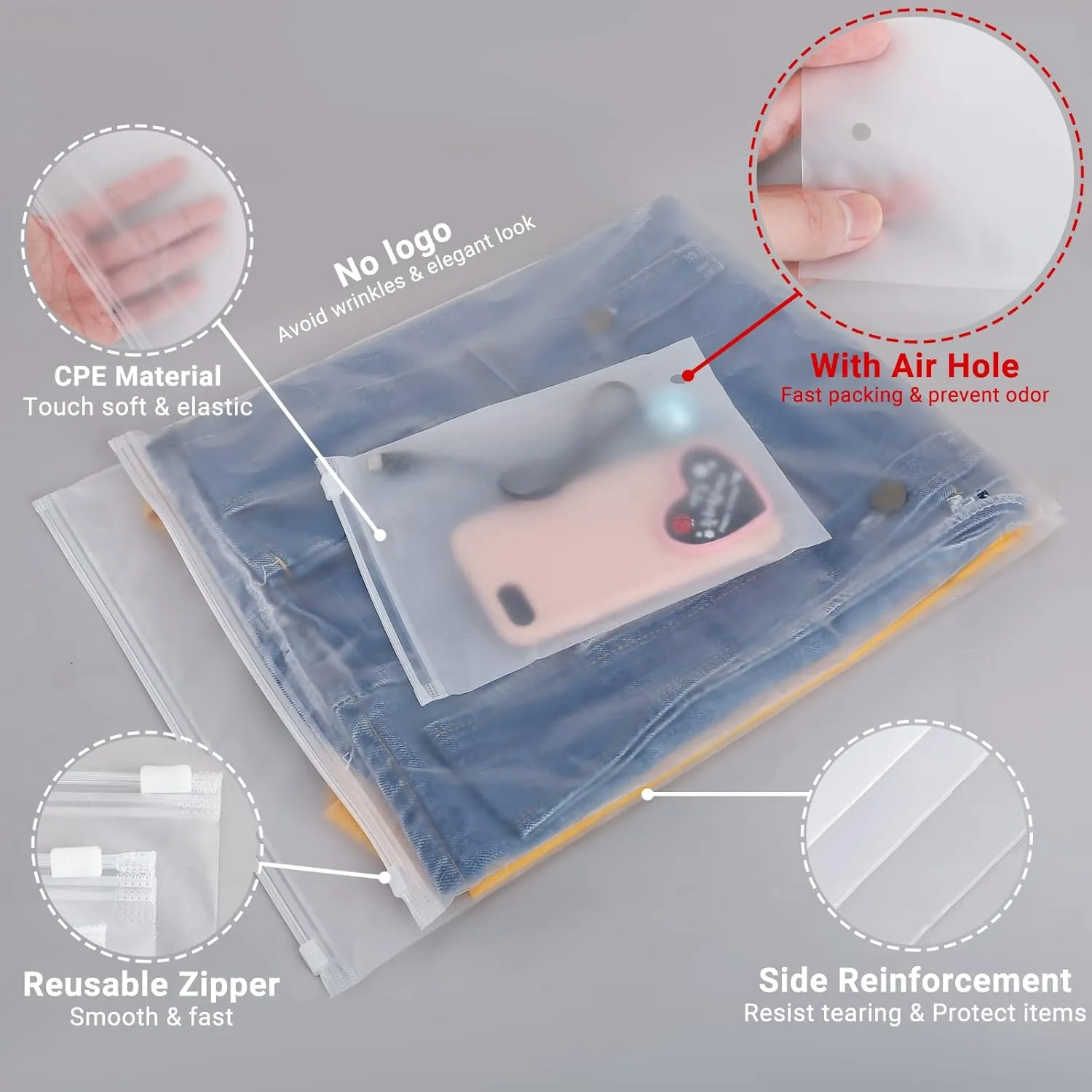 Plastic Bags for Hoodies, 100 Pcs 14x18 Inch Frosted Plastic Zip Bags for Clothes Business Selling Shipping, with Vent Hole & Resealable Ziplock, 3 Mil