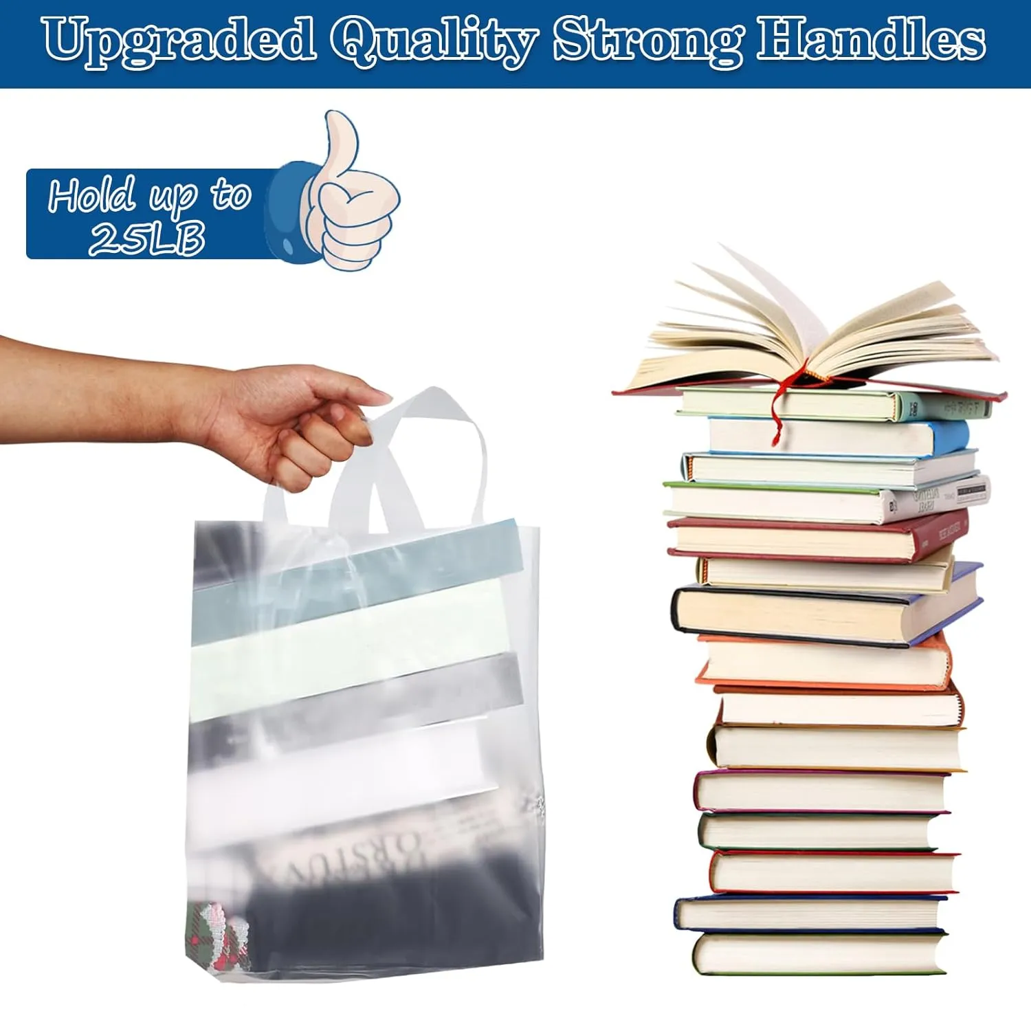 Plastic Bags with Handles - 110 Pack Clear Frosted Gift Bags with Cardboard Bottom, 25LB Thickened Boutique Bags Bulk for Small Business, Shopping, Retail Stores, Gifts (10x5x13 Inch)
