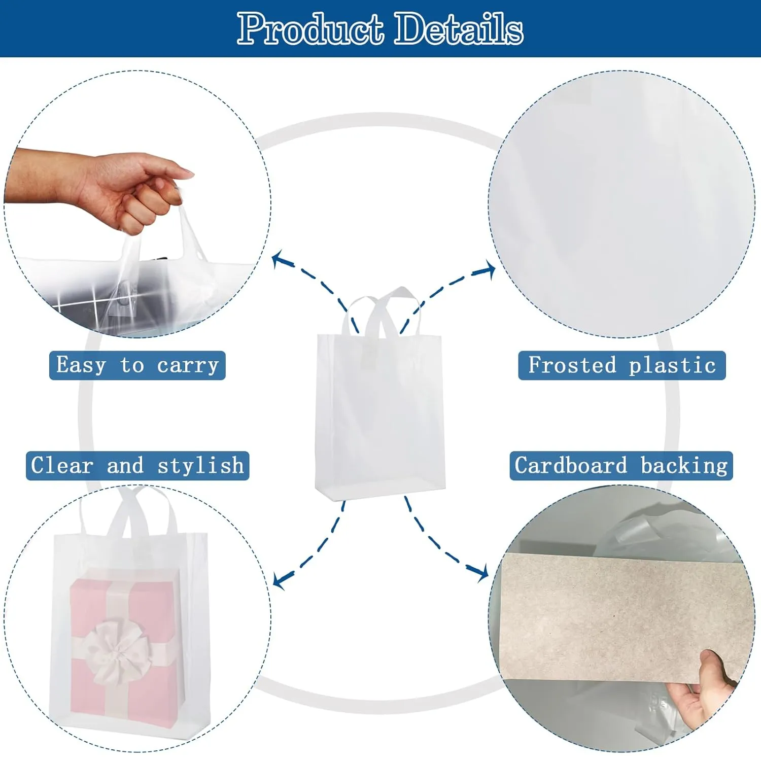 Plastic Bags with Handles - 110 Pack Clear Frosted Gift Bags with Cardboard Bottom, 25LB Thickened Boutique Bags Bulk for Small Business, Shopping, Retail Stores, Gifts (10x5x13 Inch)