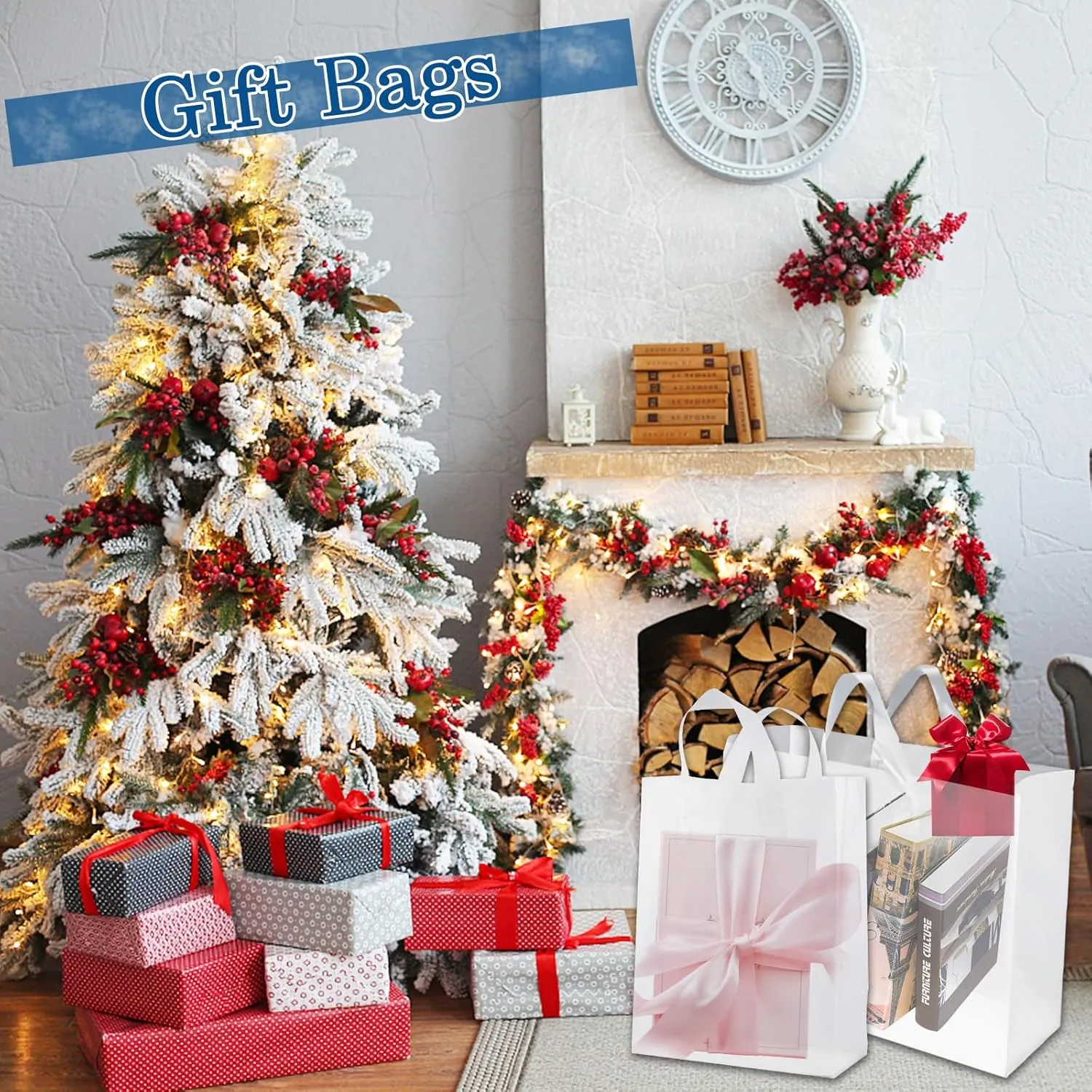 Plastic Bags with Handles - 110 Pack Clear Frosted Gift Bags with Cardboard Bottom, 25LB Thickened Boutique Bags Bulk for Small Business, Shopping, Retail Stores, Gifts (10x5x13 Inch)