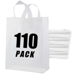Plastic Bags with Handles - 110 Pack Clear Frosted Gift Bags with Cardboard Bottom, 25LB Thickened Boutique Bags Bulk for Small Business, Shopping, Retail Stores, Gifts (10x5x13 Inch)