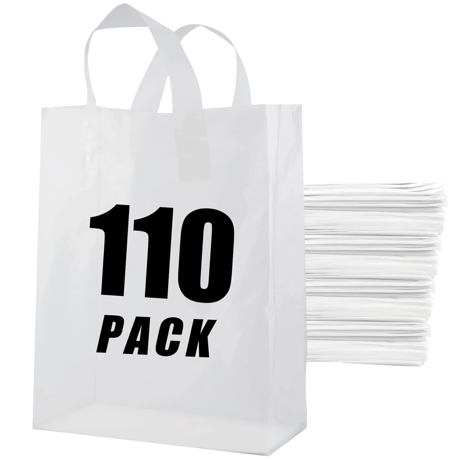 Plastic Bags with Handles - 110 Pack Clear Frosted Gift Bags with Cardboard Bottom, 25LB Thickened Boutique Bags Bulk for Small Business, Shopping, Retail Stores, Gifts (10x5x13 Inch)