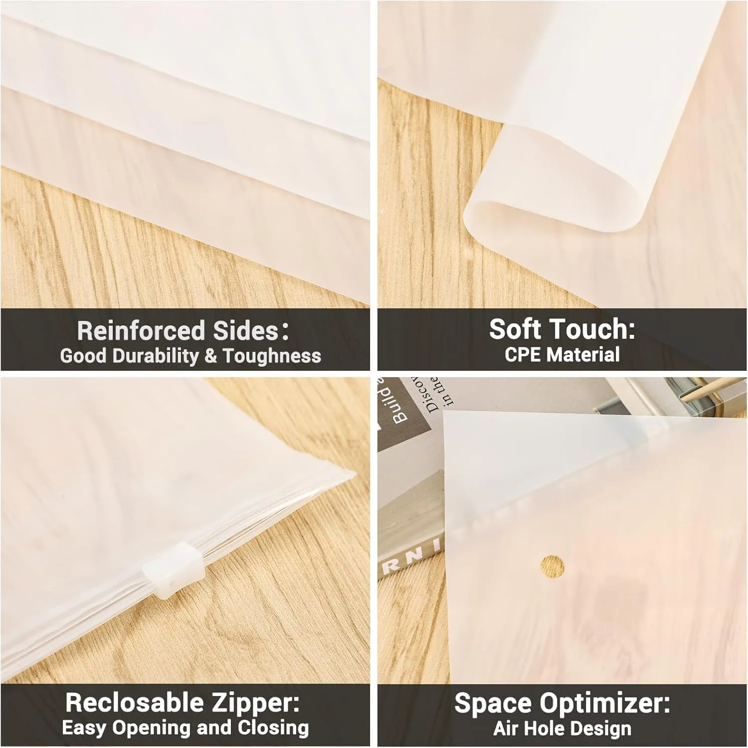 Plastic Shipping Bags, 5 Sizes 12x16" 10x13" 8x10" 12x8" 10x7" Pack of 100, Durable Resealable Zip Poly Bags 3 Mil Thick for Business Packing Mailing Travel, Frosted, with Vent Hole